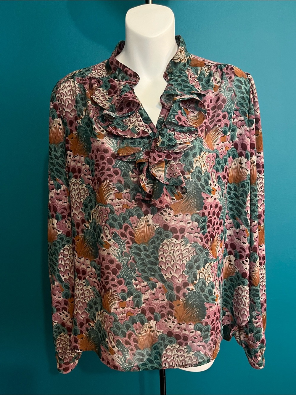 Retro Vintage 1970s Ruffle Neck Peacock Feather Boho Blouse M